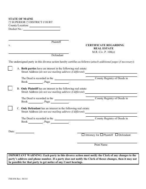 Form FM-056 Certificate Regarding Real Estate - Maine