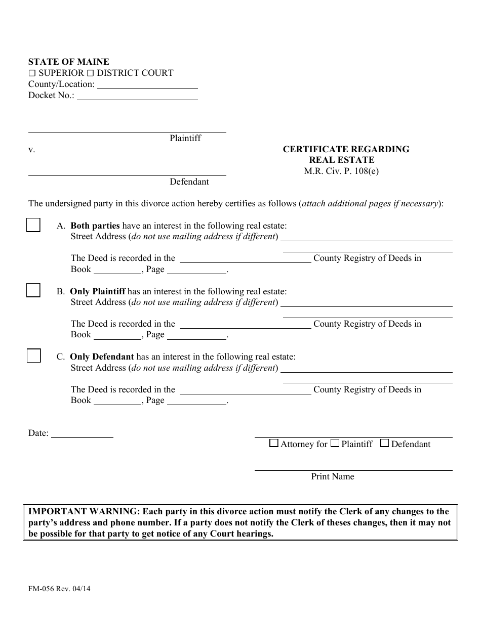 Form FM-056 Certificate Regarding Real Estate - Maine, Page 1
