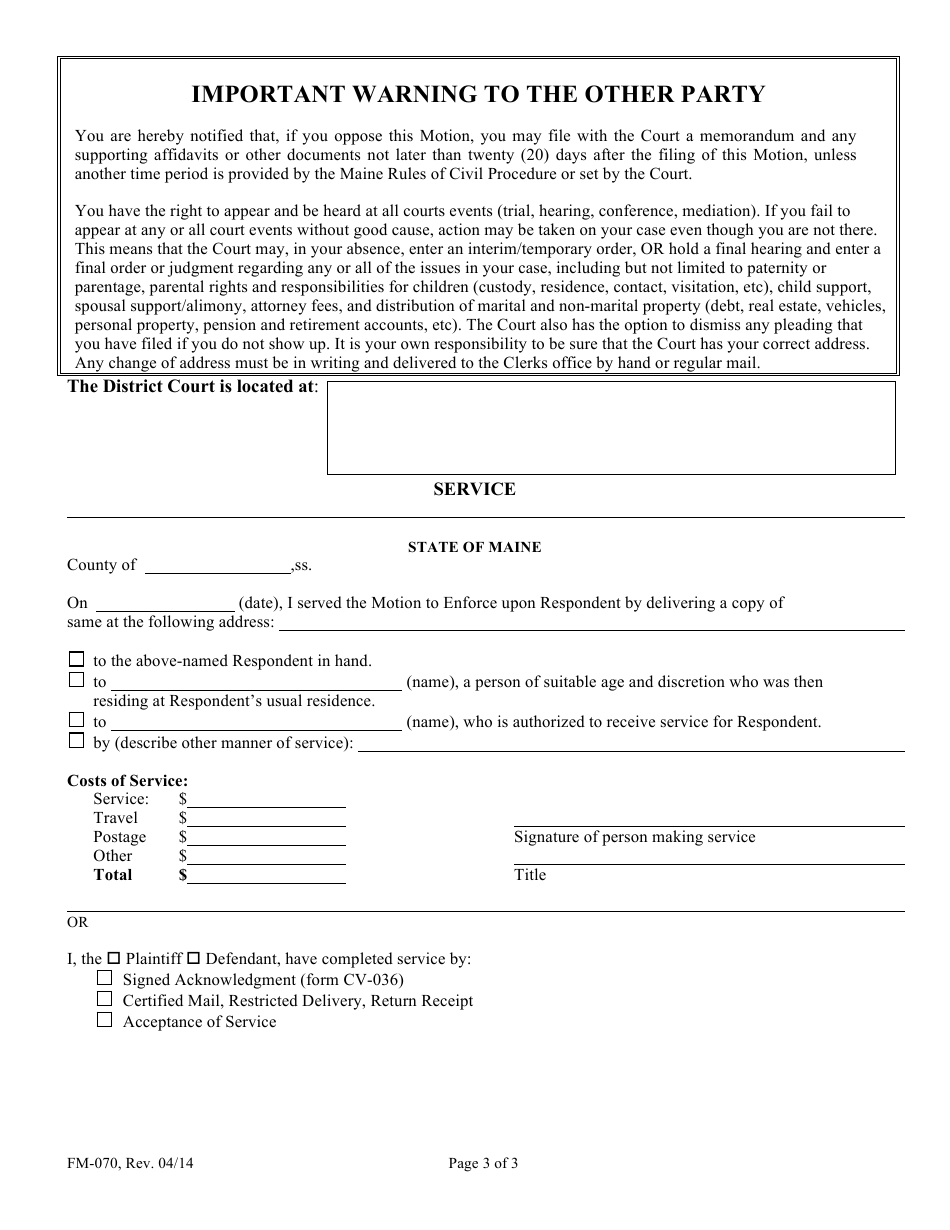 Form FM-070 Motion to Enforce - Maine, Page 3