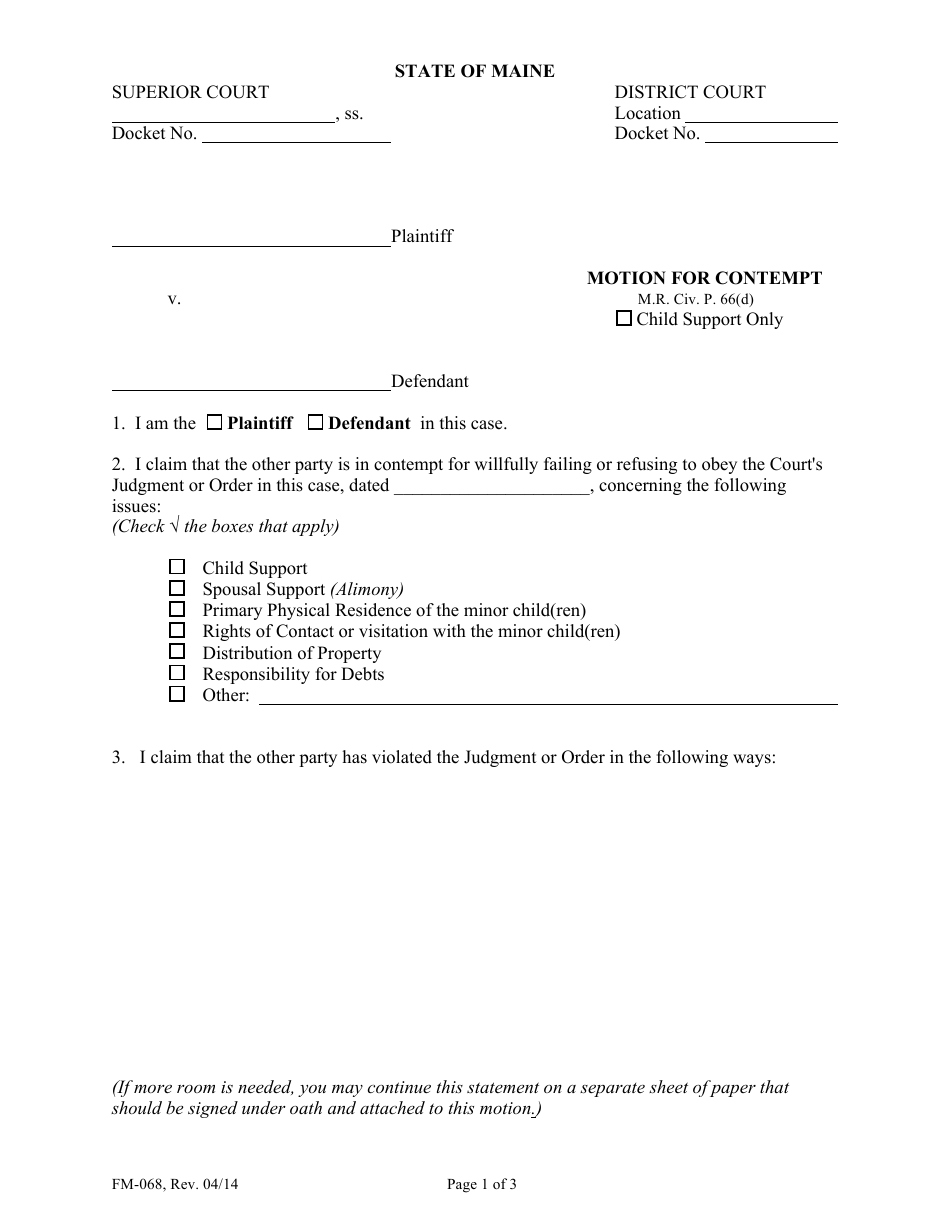 Form FM-068 Motion for Contempt - Maine, Page 1