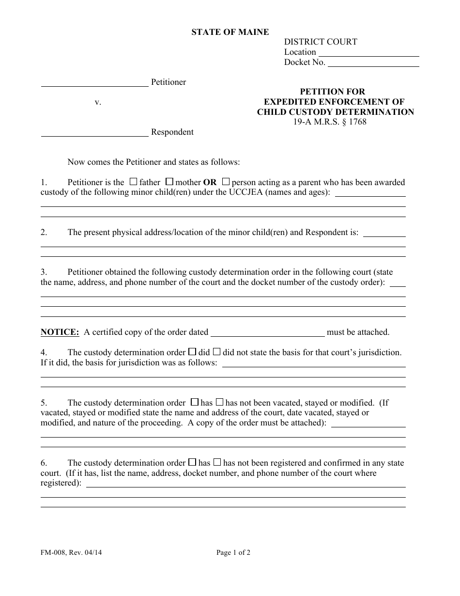 Form FM-008 Petition for Expedited Enforcement of Child Custody Determination - Maine, Page 1