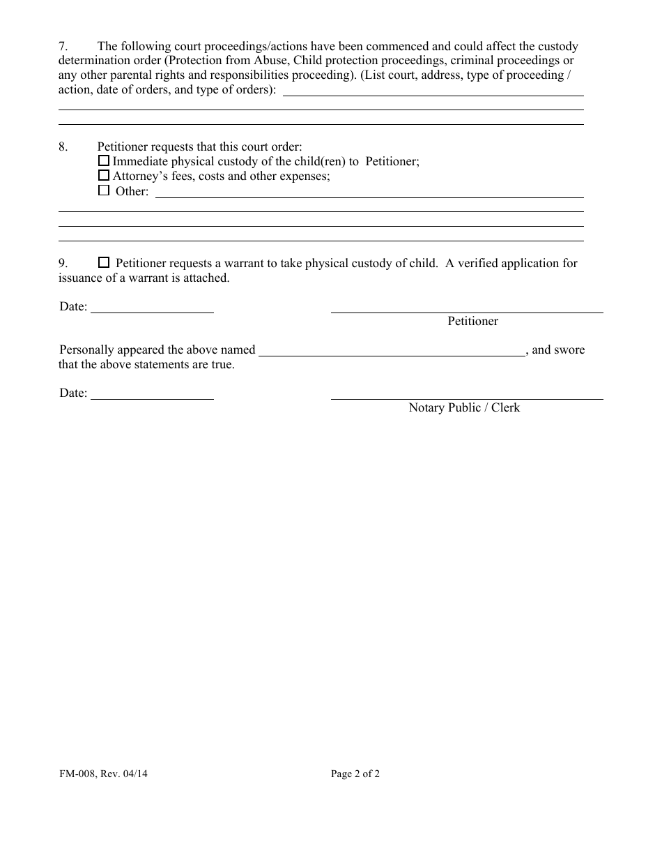Form FM-008 Petition for Expedited Enforcement of Child Custody Determination - Maine, Page 2
