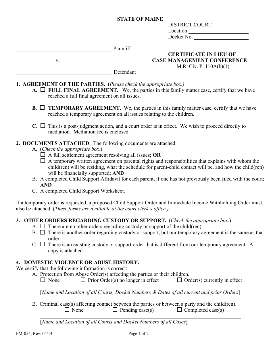 Form FM-054 Certificate in Lieu of Case Management Conference - Maine, Page 1