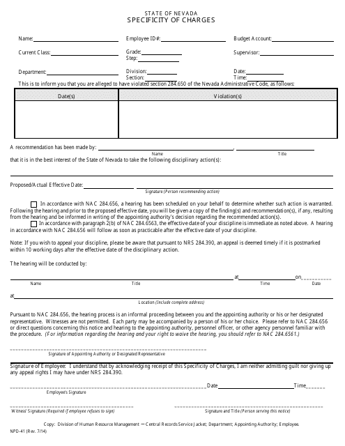 Form NPD-41 Specificity of Charges - Nevada