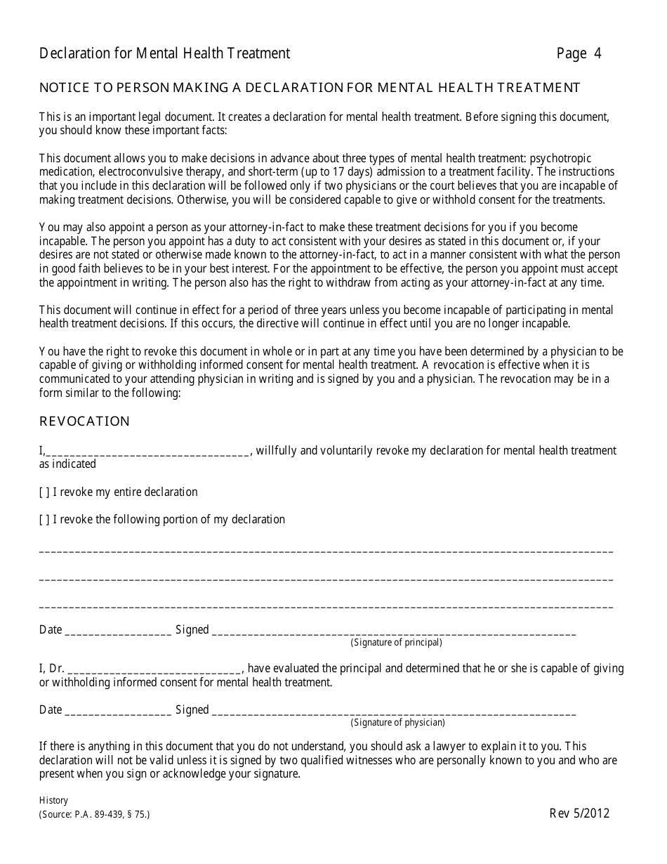 Declaration for Mental Health Treatment - Illinois, Page 4