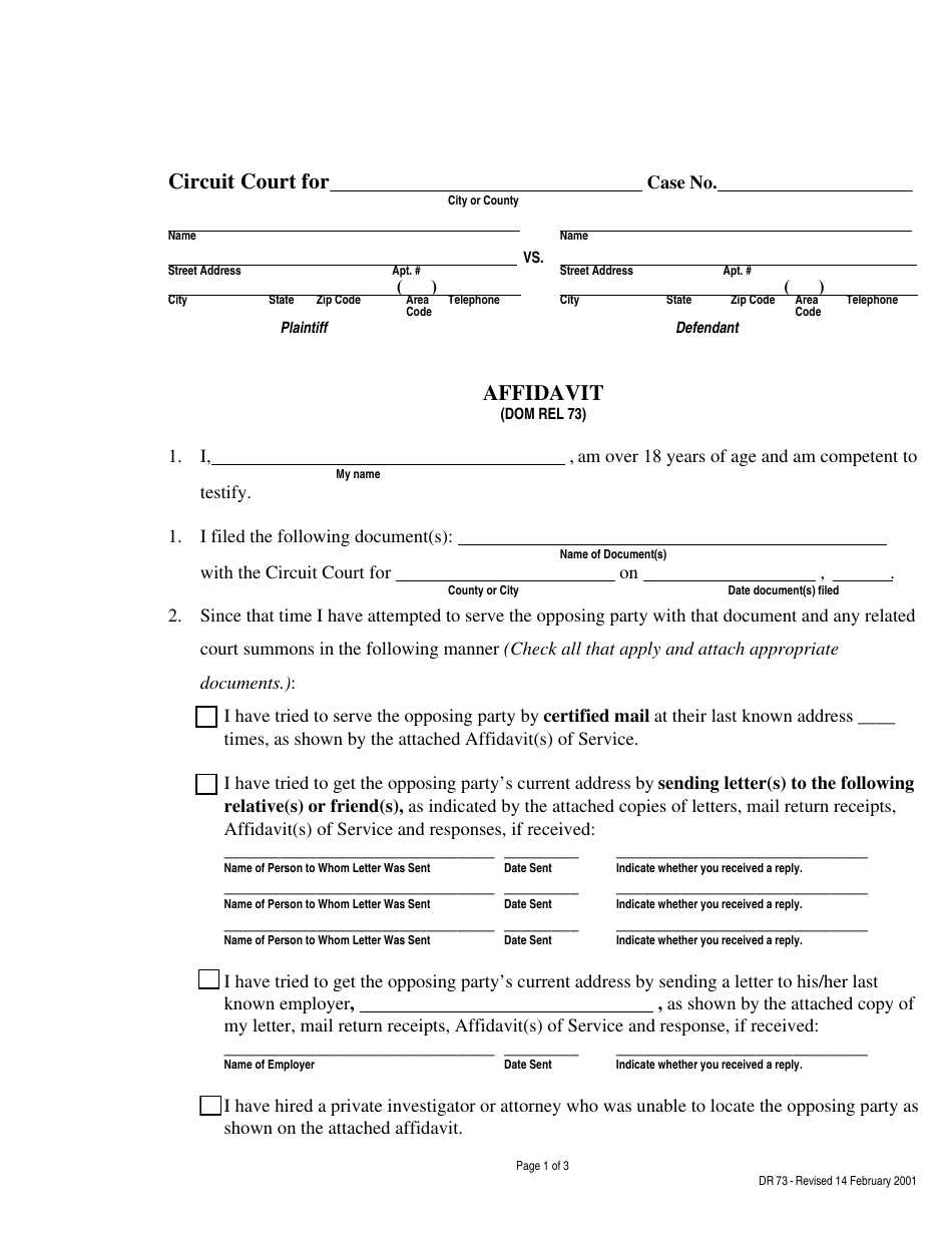 Form DR73 Affidavit - Maryland, Page 1