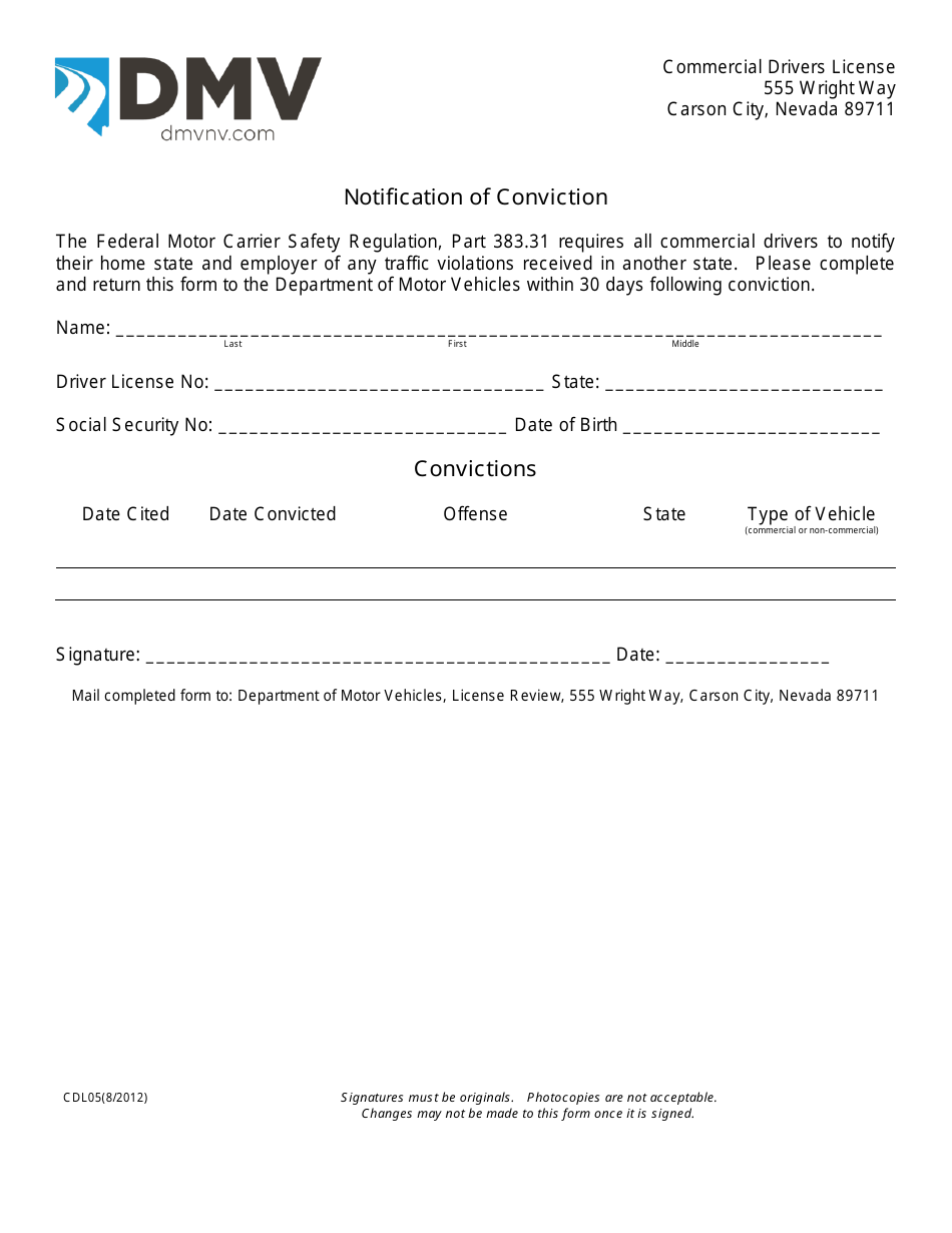Form CDL05 Notification of Conviction - Nevada, Page 1