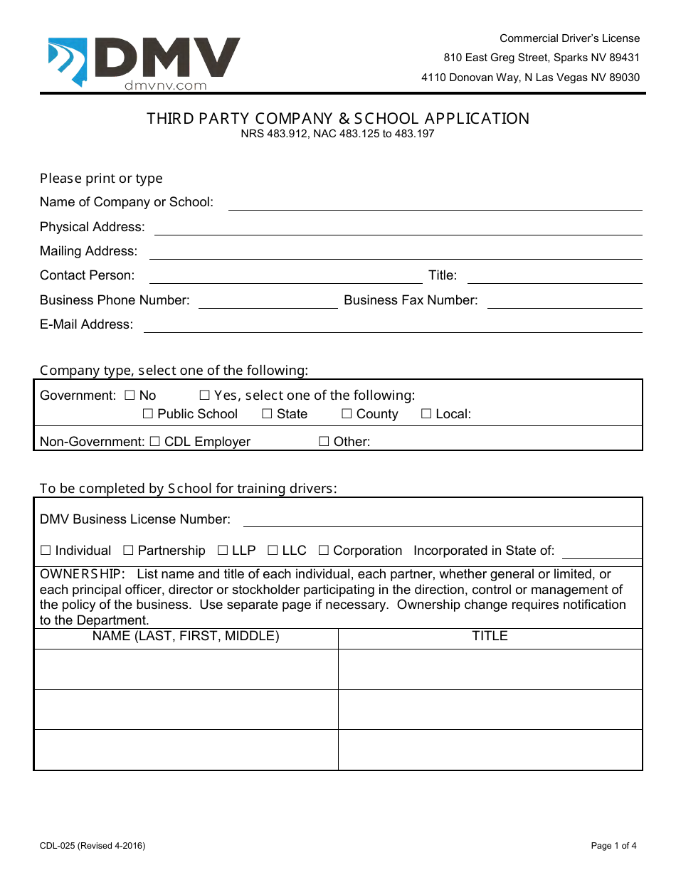 Form CDL-025 Third Party Company  School Application - Nevada, Page 1