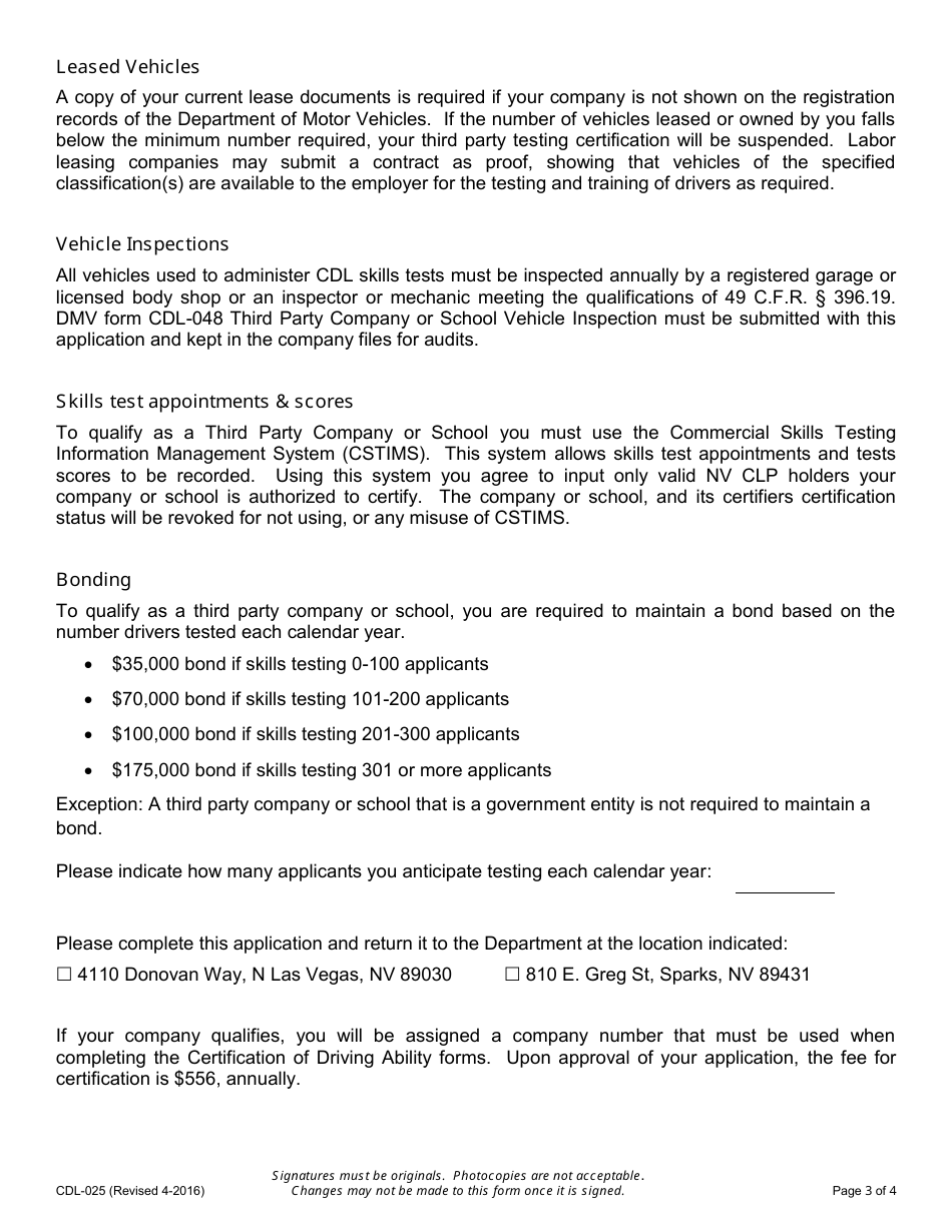 Form CDL-025 Third Party Company  School Application - Nevada, Page 3