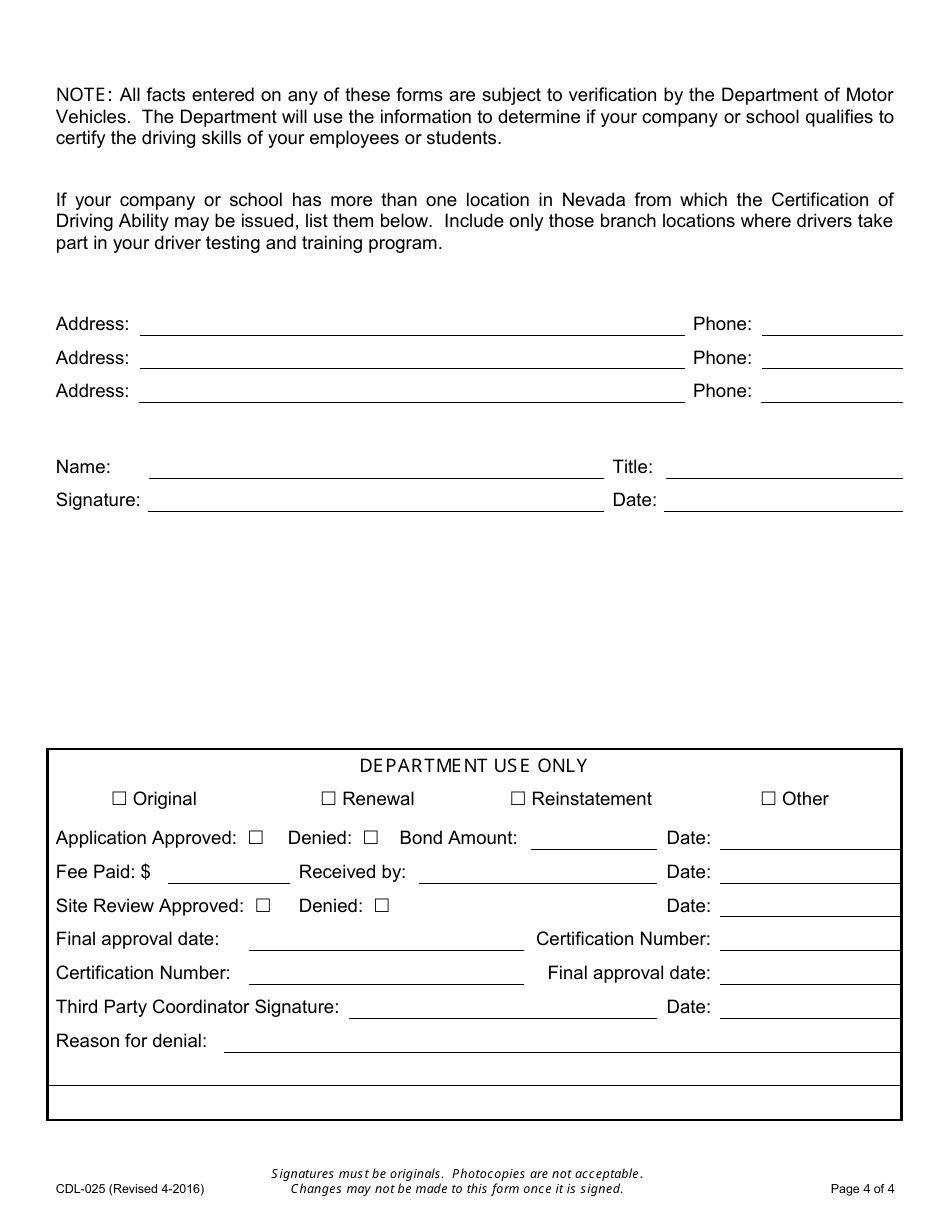 Form CDL-025 Third Party Company  School Application - Nevada, Page 4