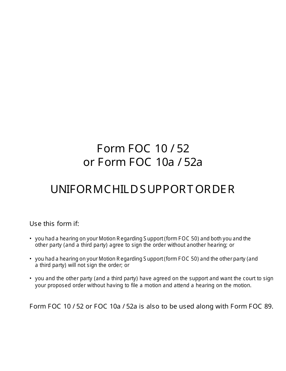 Instructions for Form FOC10, FOC10A, FOC52, FOC52A Uniform Child Support Order - Michigan, Page 1