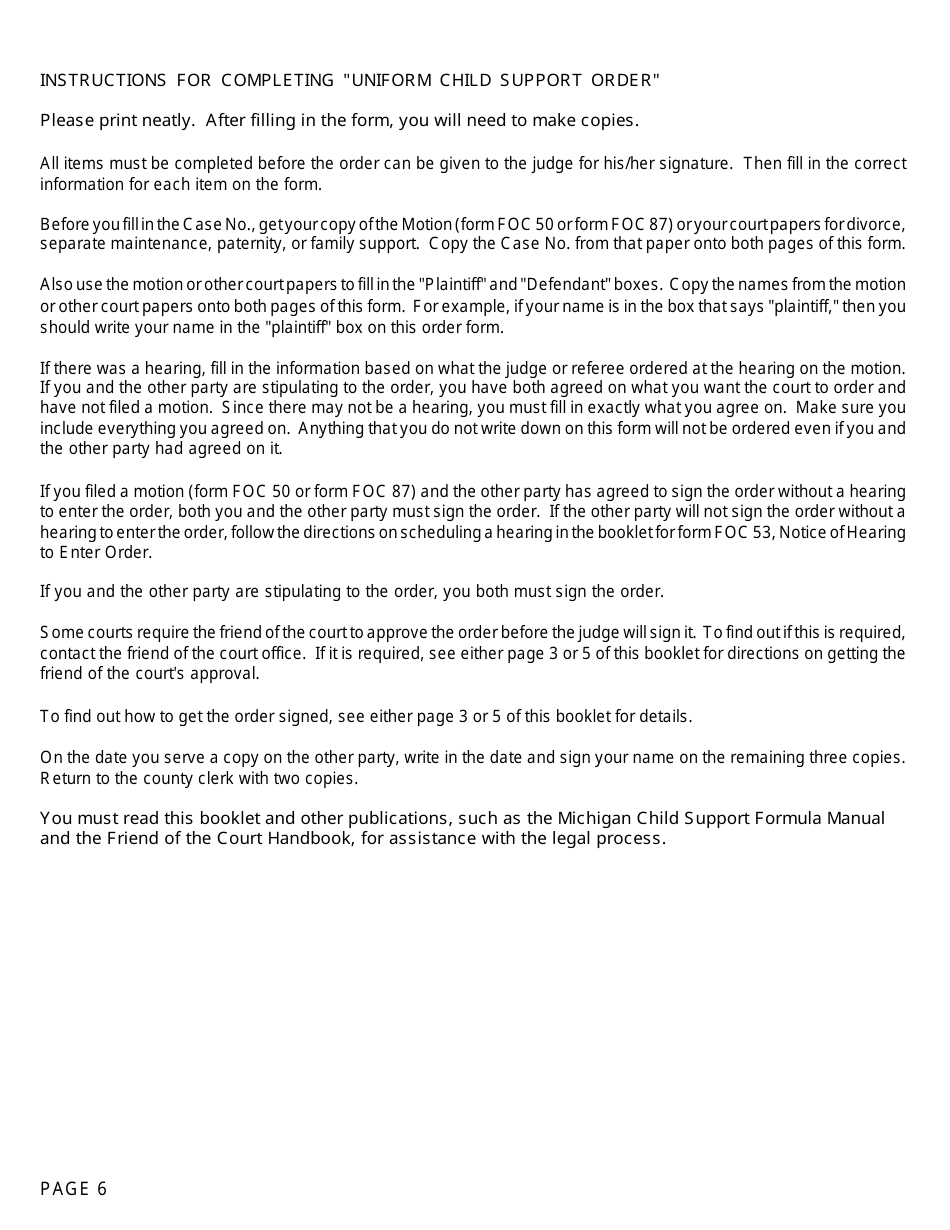 Instructions for Form FOC10, FOC10A, FOC52, FOC52A Uniform Child Support Order - Michigan, Page 6