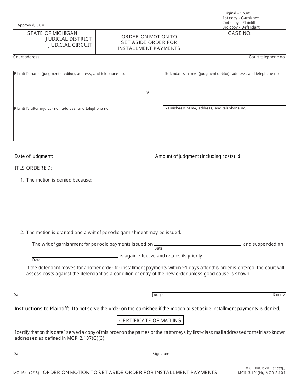 Form MC16A Order on Motion to Set Aside Order for Installment Payments - Michigan, Page 1