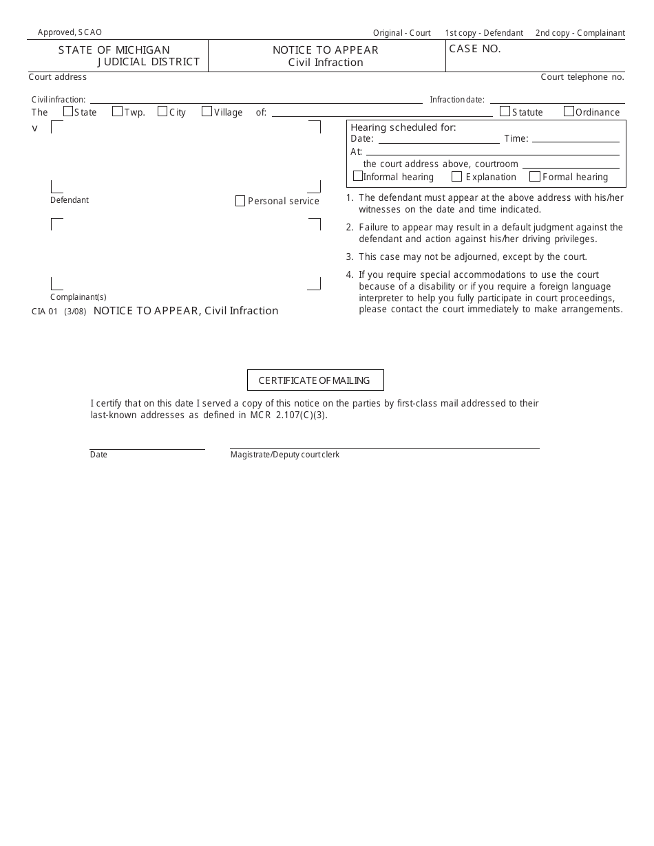Form CIA01 Notice to Appear, Civil Infraction - Michigan, Page 1