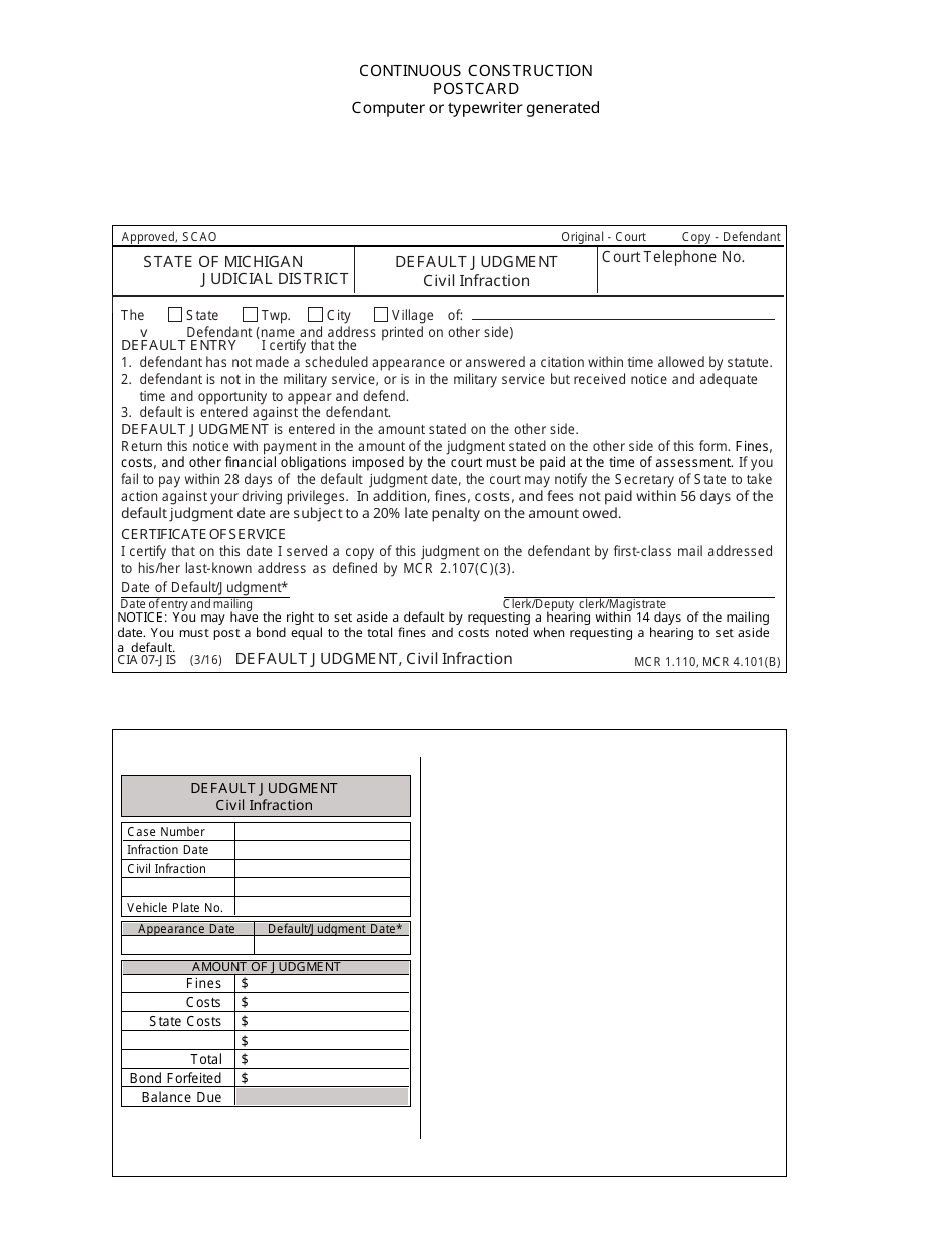 Form CIA07-JIS Default Judgment, Civil Infraction - Michigan, Page 1