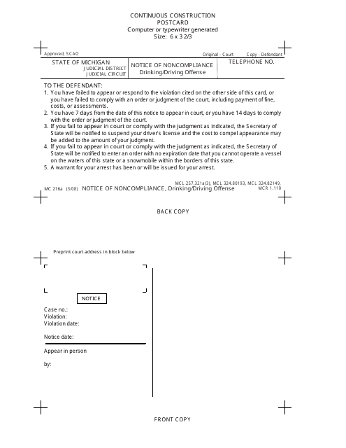 Form MC216A Notice of Noncompliance, Drinking/Driving Offense - Michigan