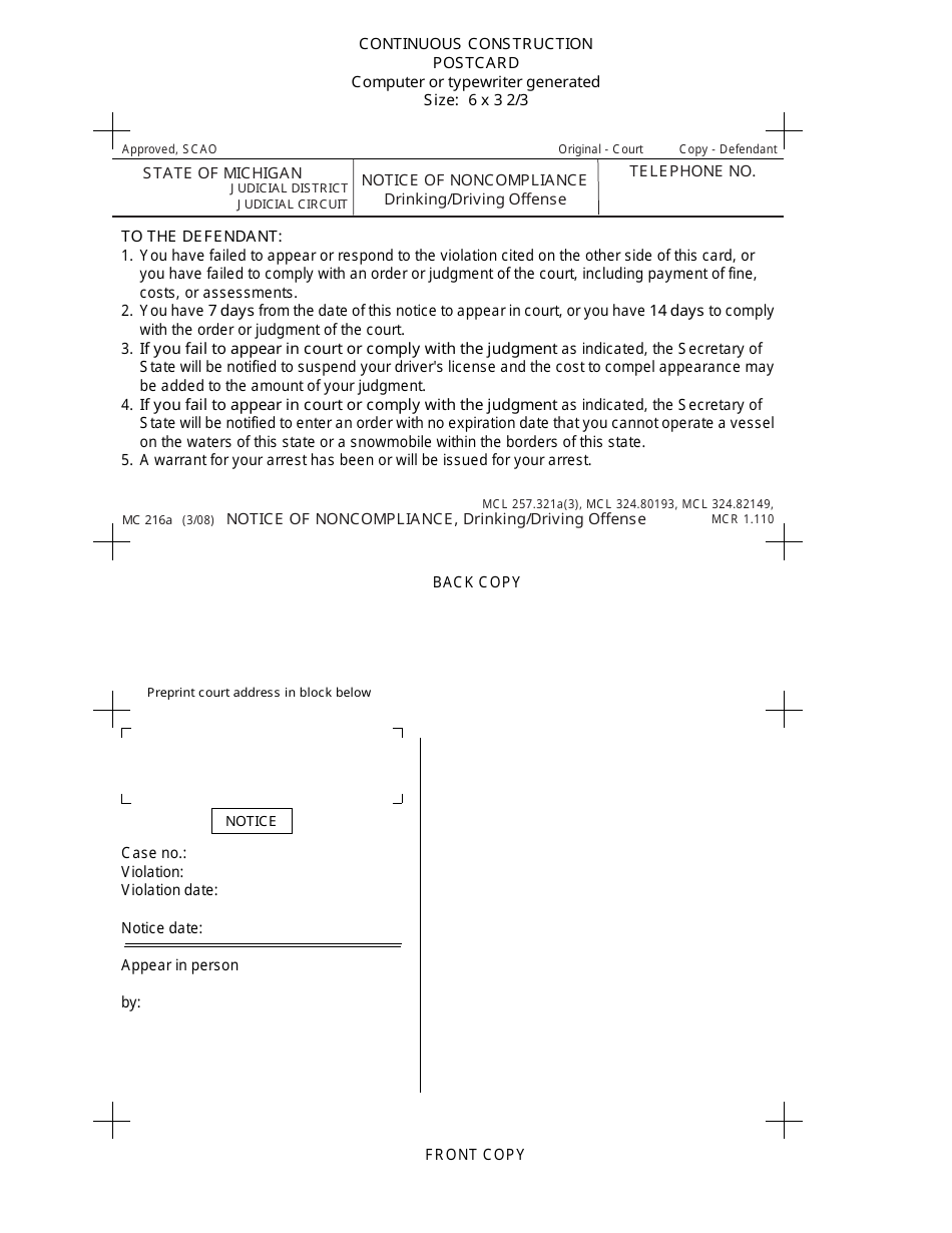 Form MC216A Notice of Noncompliance, Drinking / Driving Offense - Michigan, Page 1