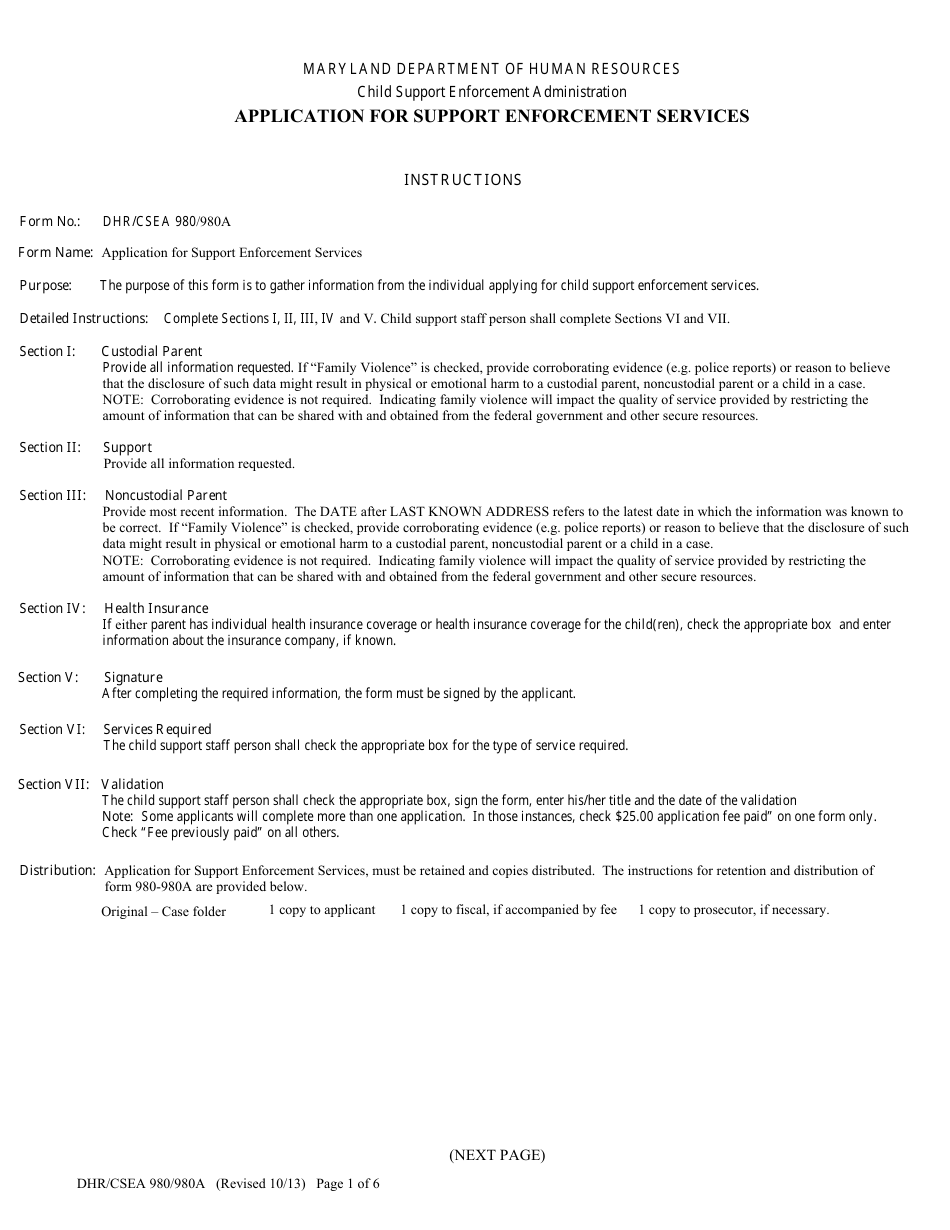 Form DHR / CSEA980 / 980A Application for Support Enforcement Services - Maryland, Page 1