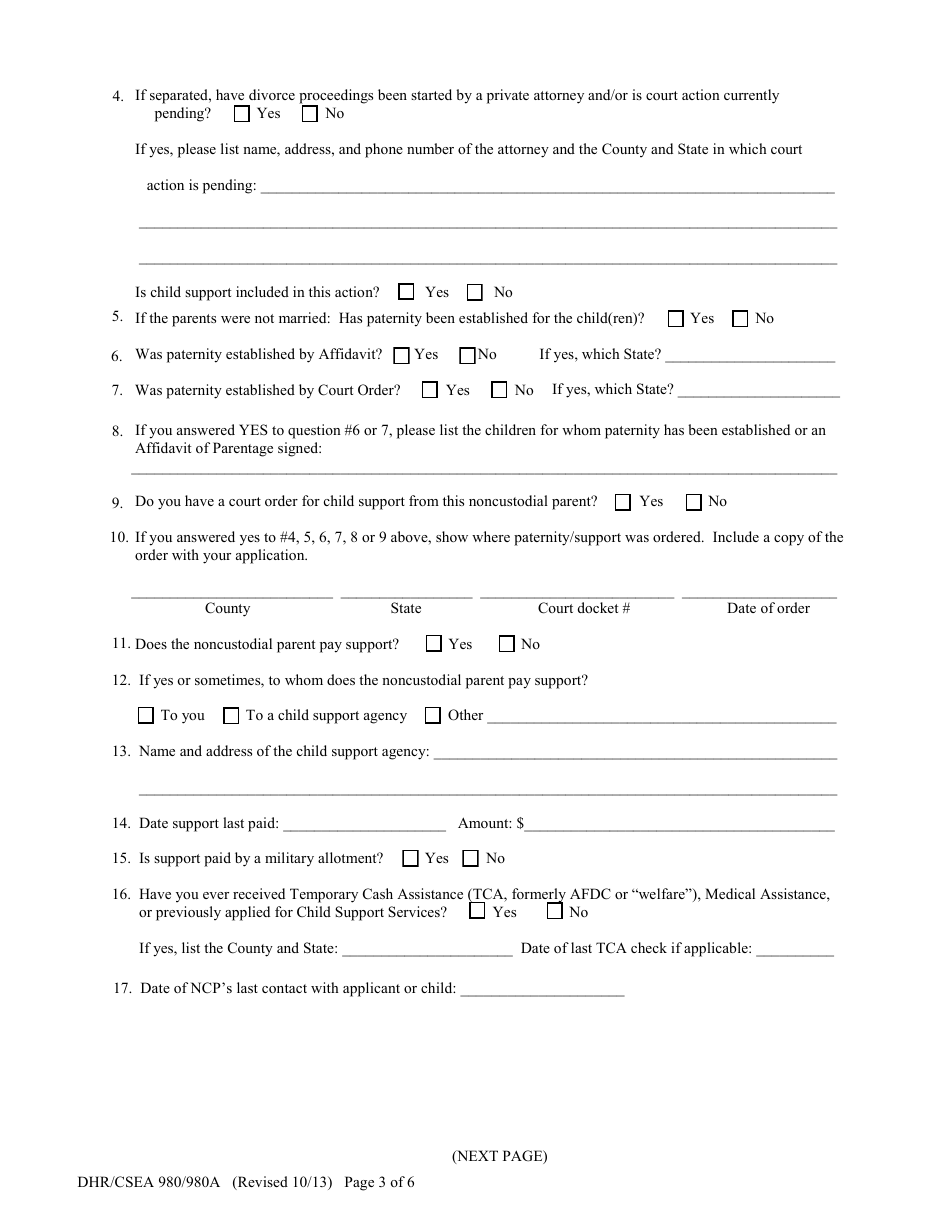 Form DHR / CSEA980 / 980A Application for Support Enforcement Services - Maryland, Page 3