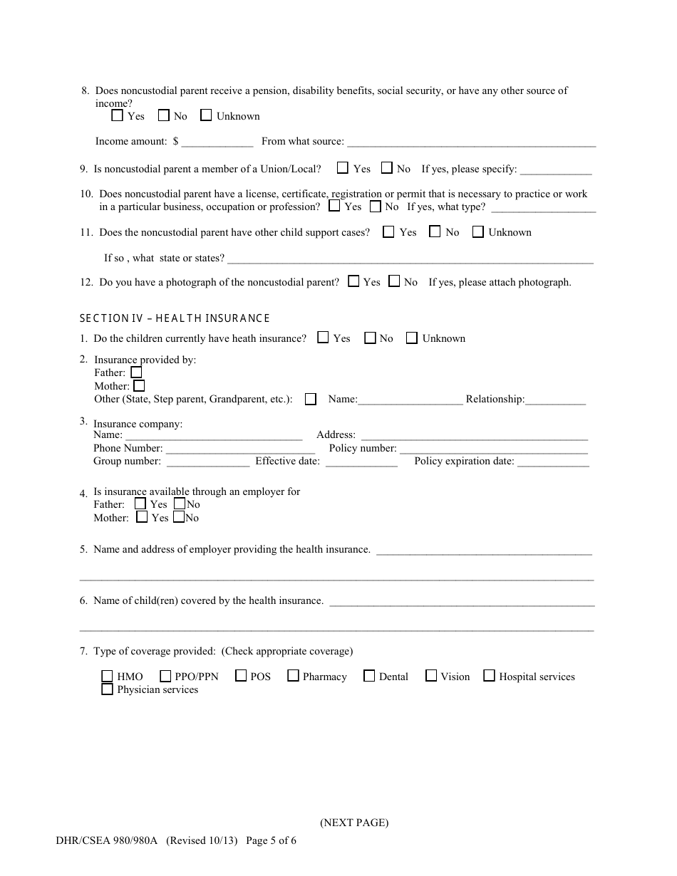 Form DHR / CSEA980 / 980A Application for Support Enforcement Services - Maryland, Page 5