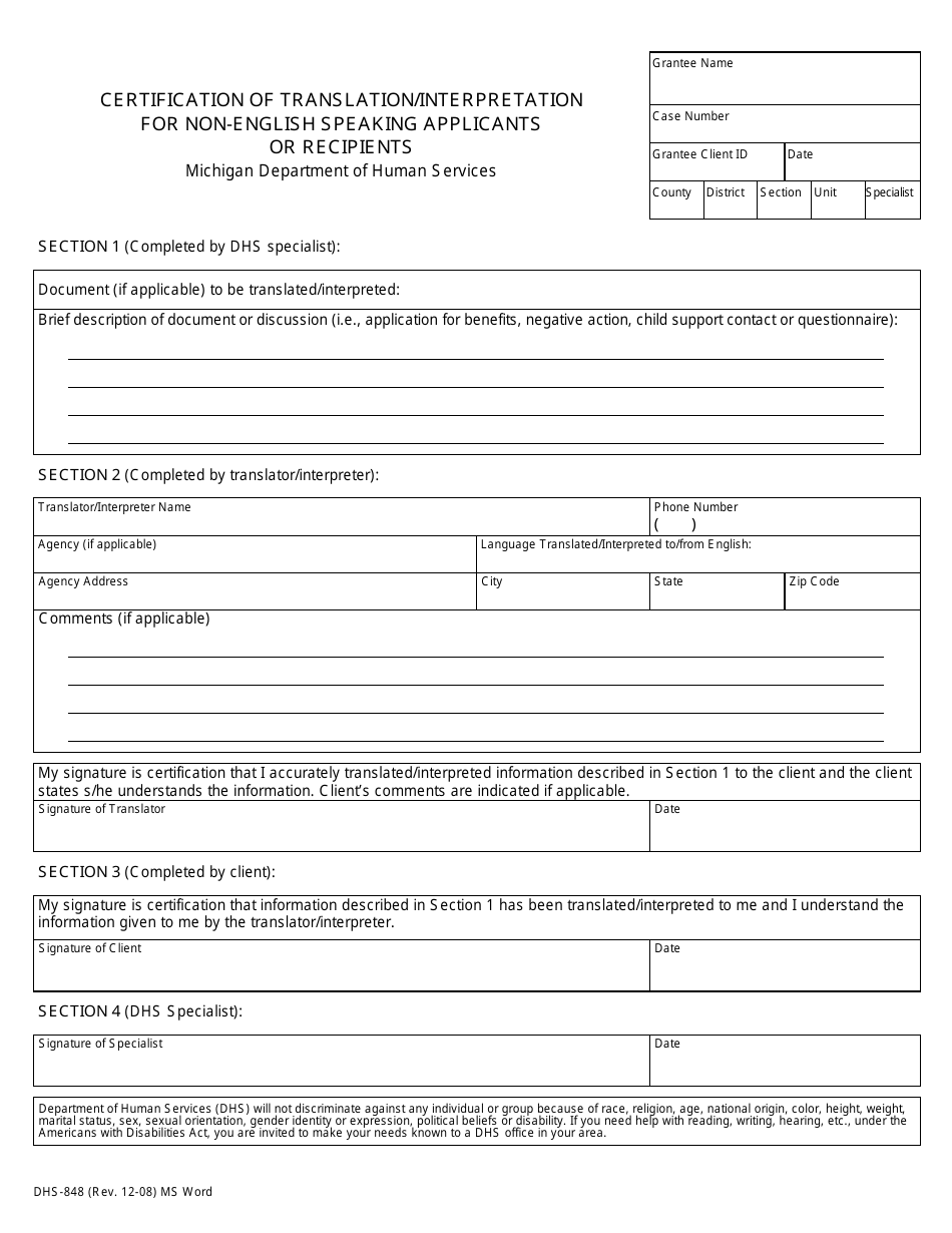 Form DHS-848 Certification of Translation / Interpretation for Non-english Speaking Applicants or Recipients - Michigan, Page 1
