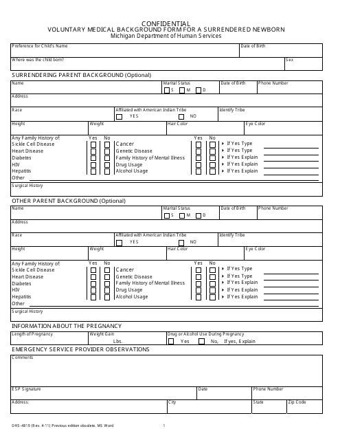 Form DHS-4819 Confidential Voluntary Medical Background Form for a Surrendered Newborn - Michigan