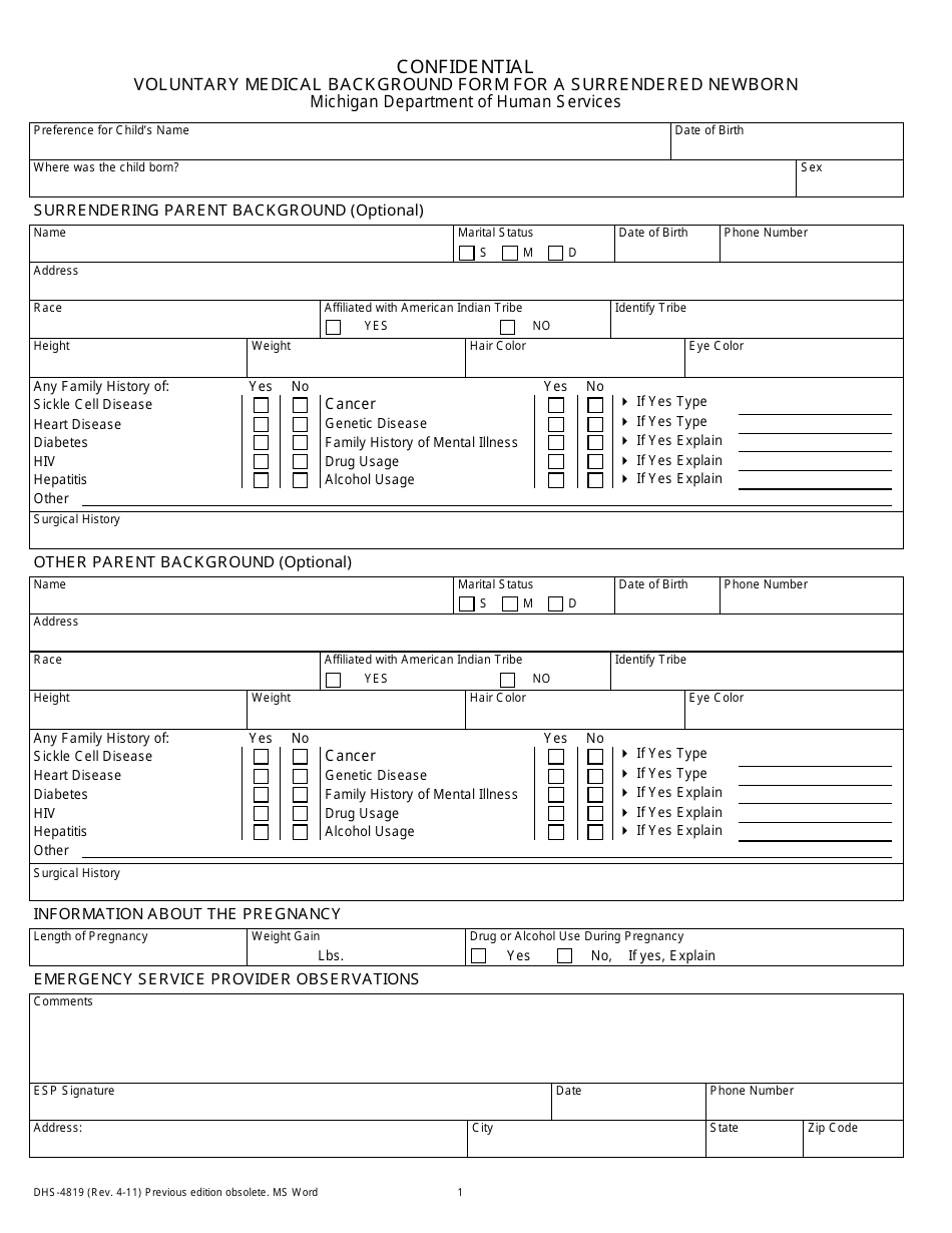 Form DHS-4819 Confidential Voluntary Medical Background Form for a Surrendered Newborn - Michigan, Page 1