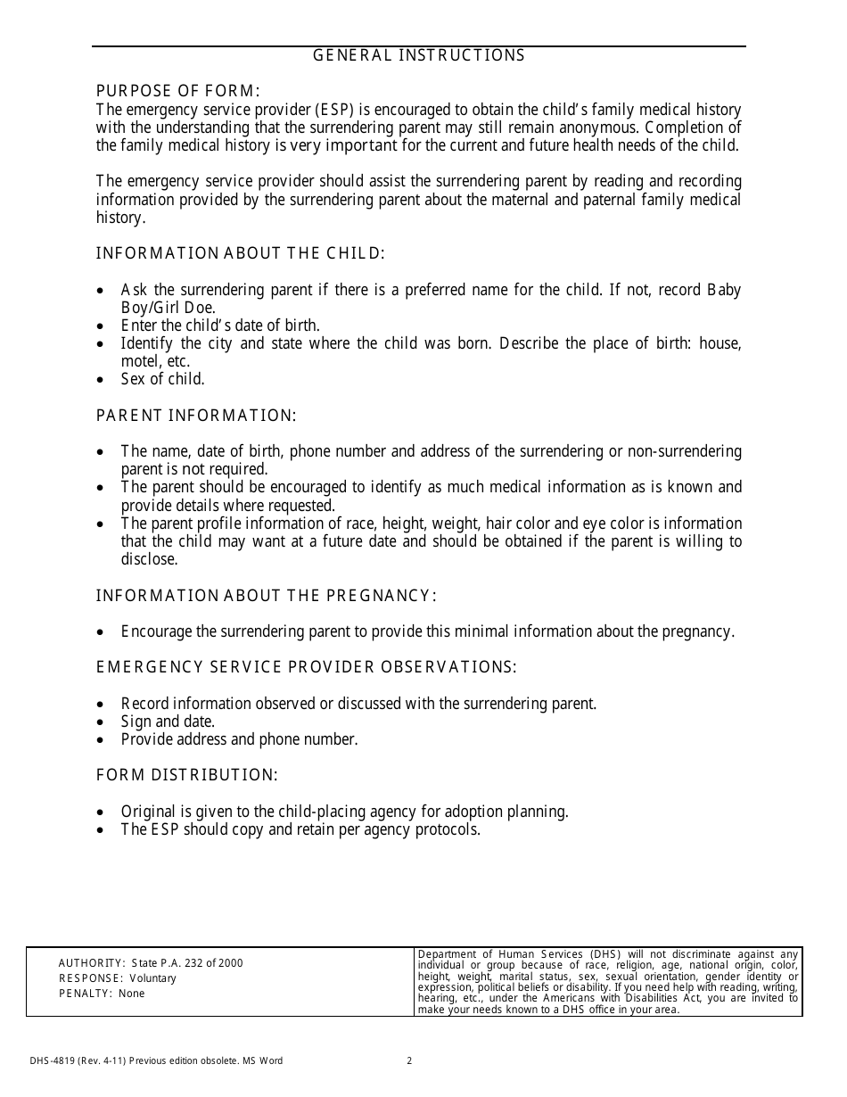Form DHS-4819 Confidential Voluntary Medical Background Form for a Surrendered Newborn - Michigan, Page 2