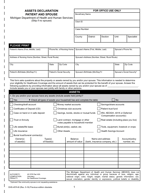 Form DHS-4574-B Assets Declaration Patient and Spouse - Michigan