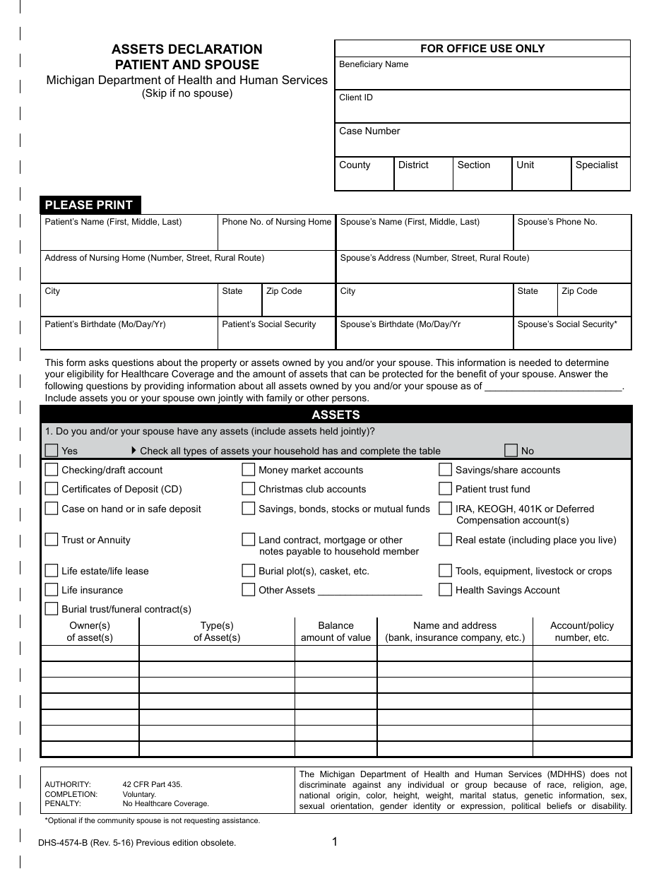 Form DHS-4574-B Assets Declaration Patient and Spouse - Michigan, Page 1