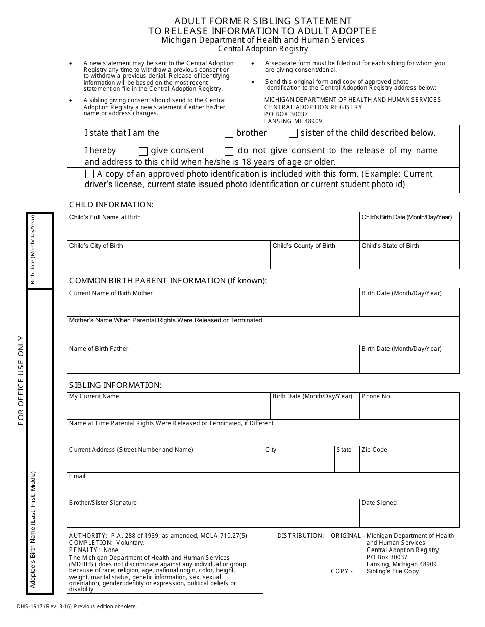 Form Dhs 1917 Fill Out Sign Online And Download Fillable Pdf Michigan Templateroller 6773