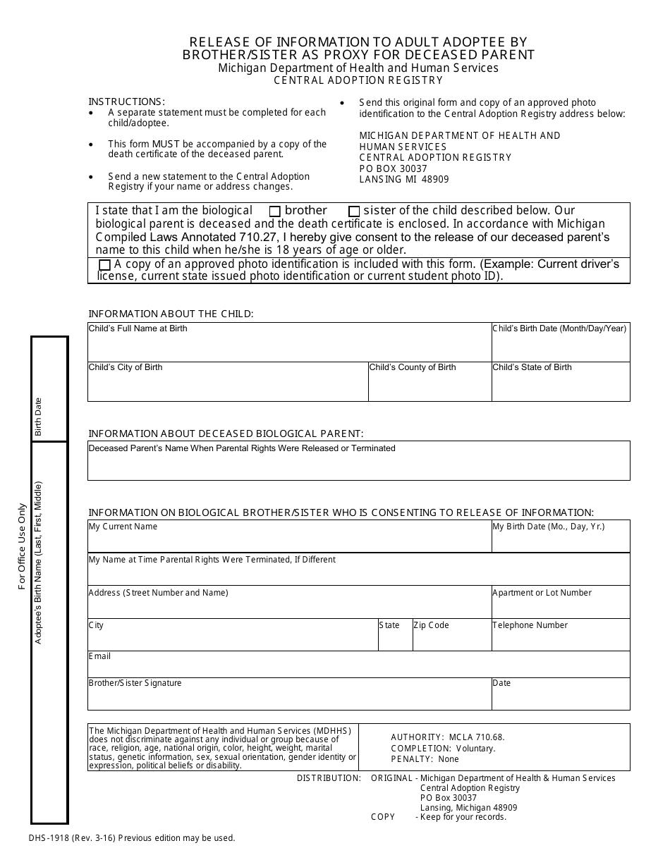Form DHS-1918 Release of Information to Adult Adoptee by Brother / Sister as Proxy for Deceased Parent - Michigan, Page 1