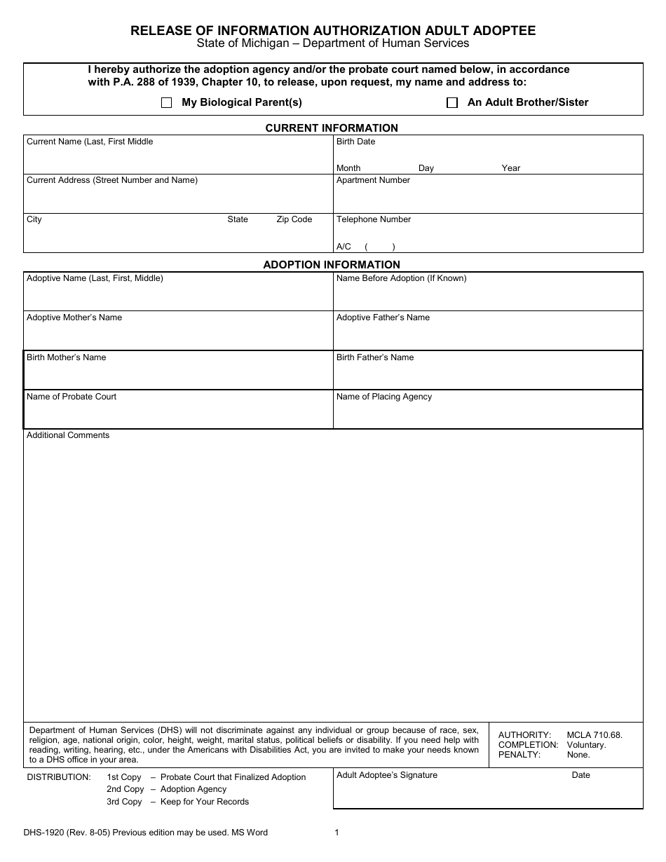Form DHS-1920 Release of Information Authorization Adult Adoptee - Michigan, Page 1