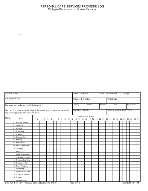 Form DHS-721 Personal Care Services Provider Log - Michigan