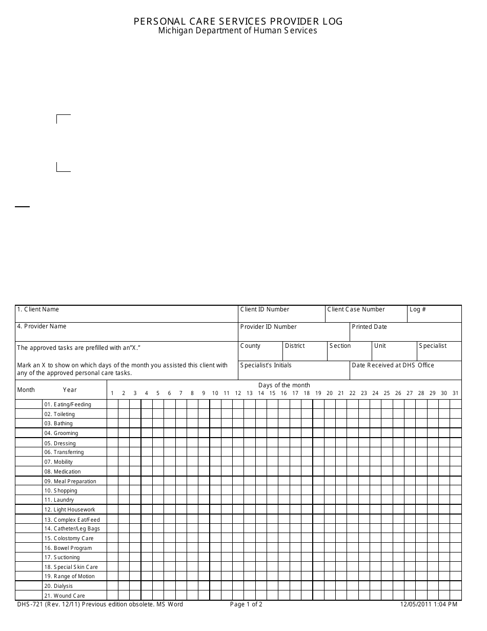 Form DHS-721 Personal Care Services Provider Log - Michigan, Page 1