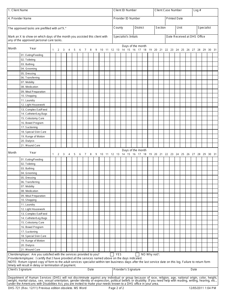 Form DHS-721 Personal Care Services Provider Log - Michigan, Page 2