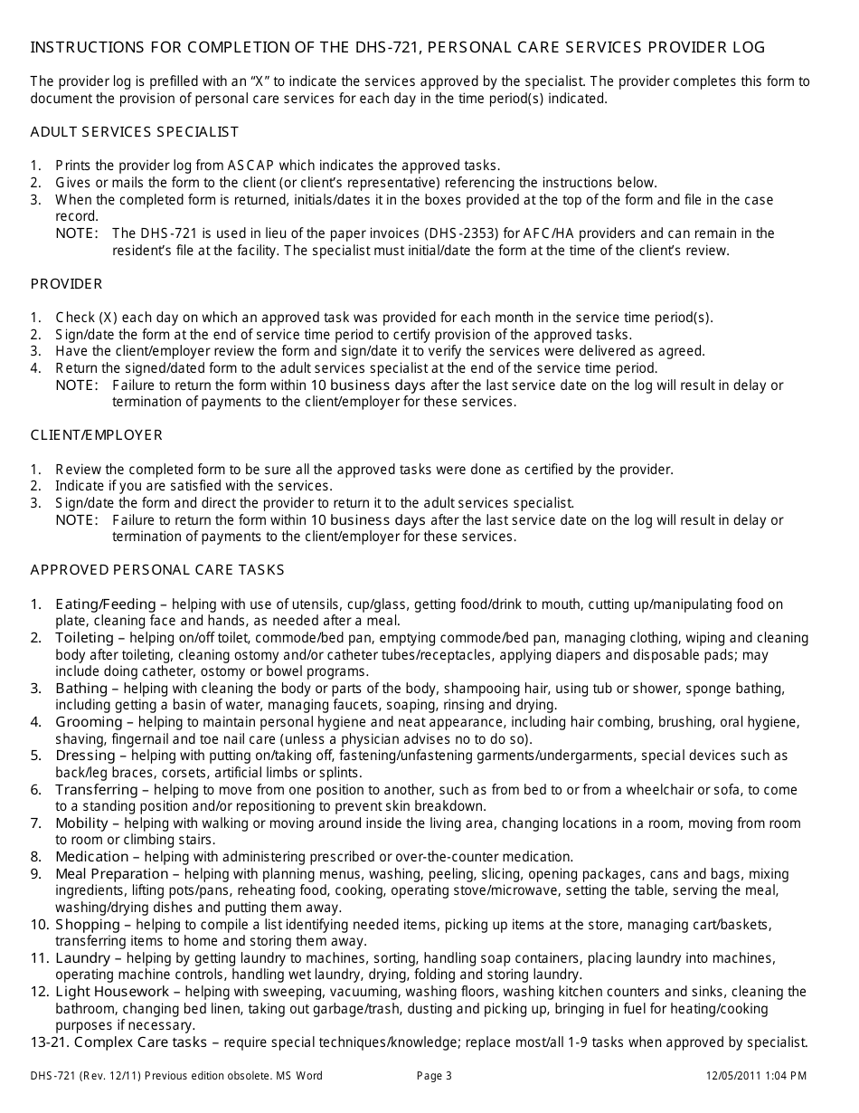 Form DHS-721 Personal Care Services Provider Log - Michigan, Page 3