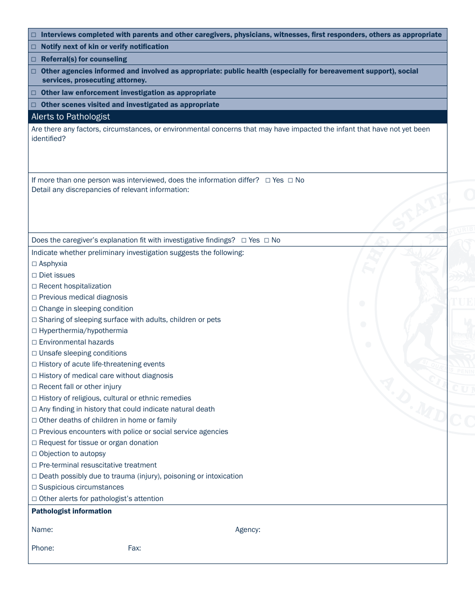 State of Michigan Sudden  Unexplained Child Death Scene Investigation Form - Michigan, Page 10