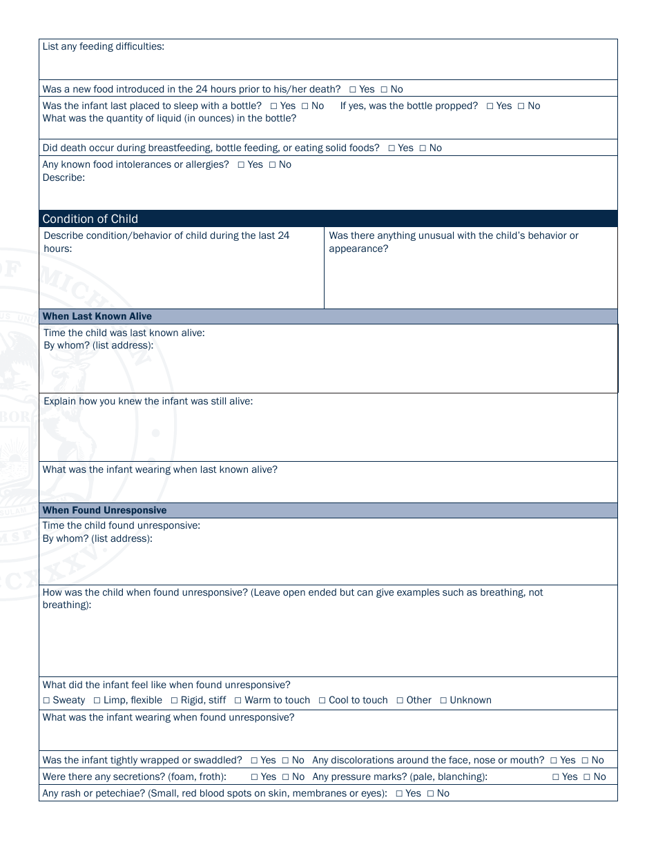 Michigan State of Michigan Sudden & Unexplained Child Death Scene ...