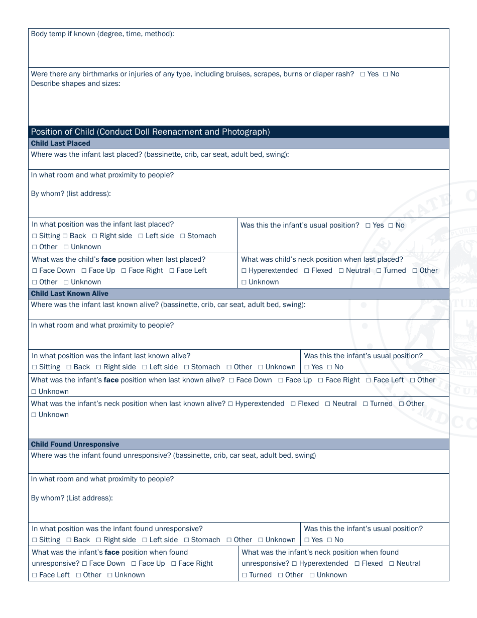State of Michigan Sudden  Unexplained Child Death Scene Investigation Form - Michigan, Page 6