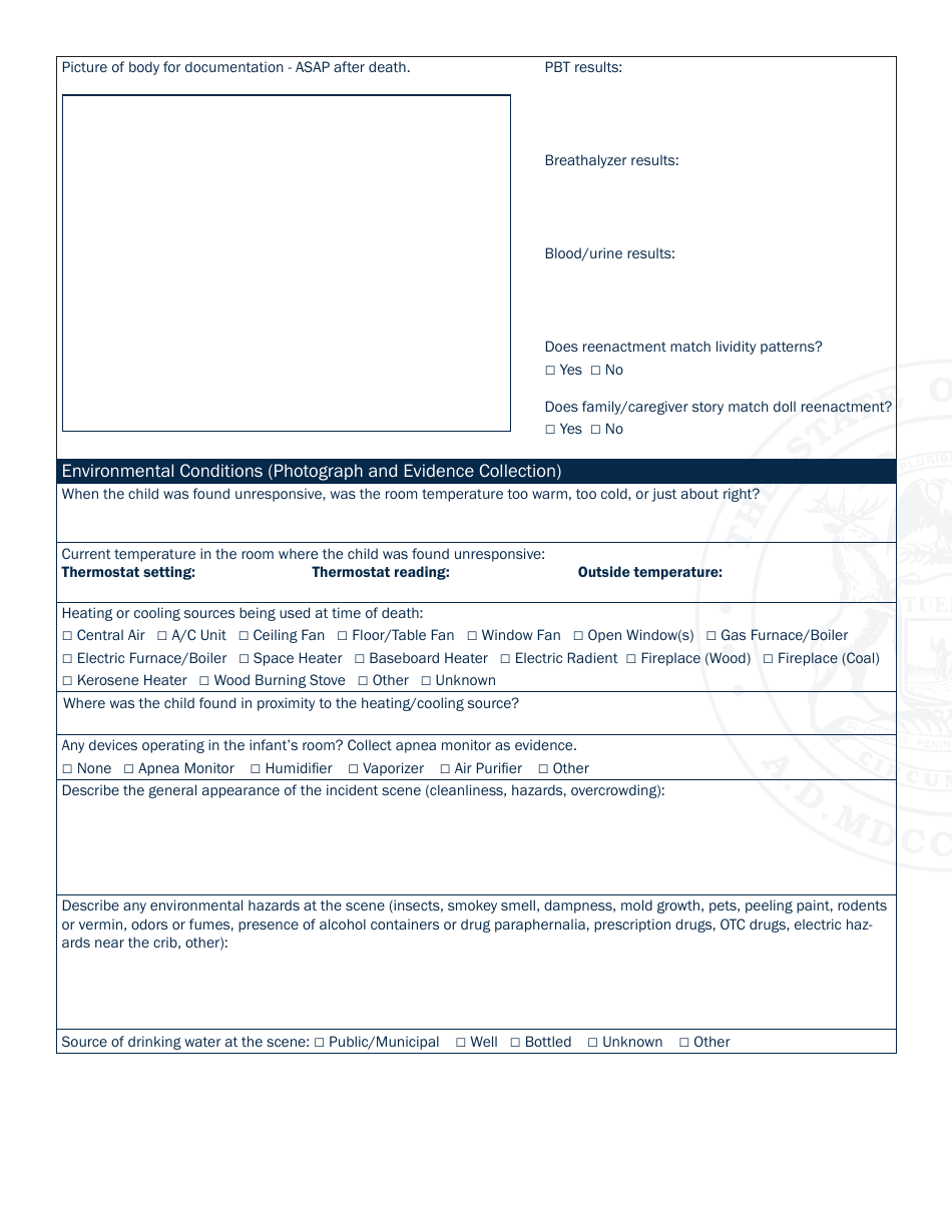 State of Michigan Sudden  Unexplained Child Death Scene Investigation Form - Michigan, Page 8