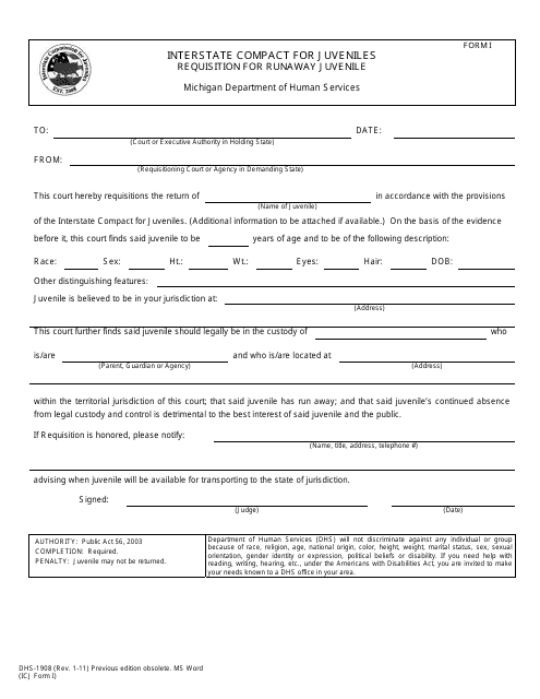 Form DHS-1908 (ICJ Form I) Interstate Compact on Juveniles Petition for Requisition to Return a Runaway Juvenile - Michigan