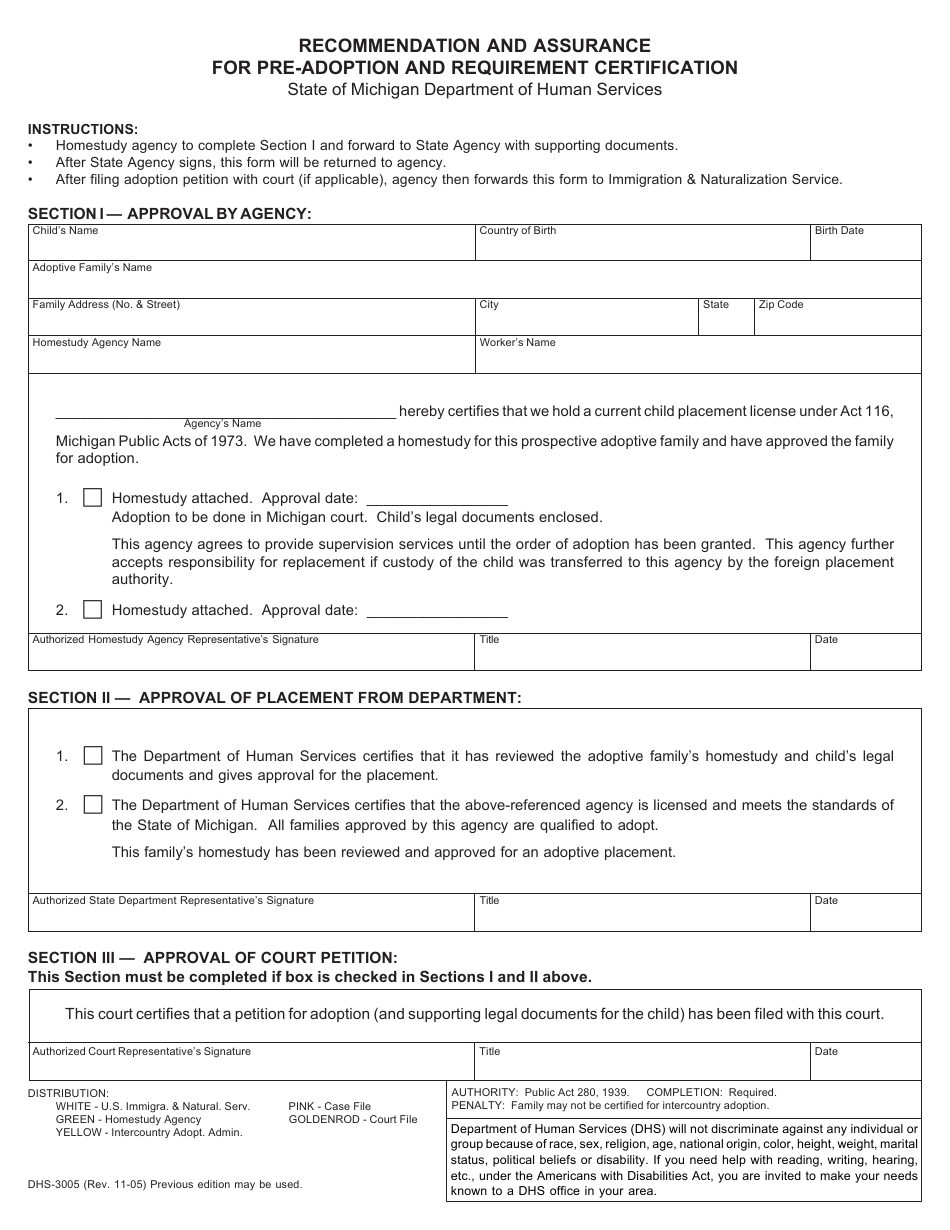 Form DHS-3005 Recommendation and Assurance for Pre-adoption and Requirement Certification - Michigan, Page 1