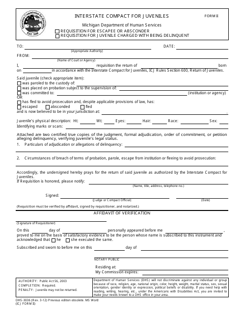 Form DHS-3036 (ICJ Form II) Interstate Compact on Juveniles Requisition for Escapee/Absconder/Juvenile Charged Delinquent (Rendition Amendment) - Michigan