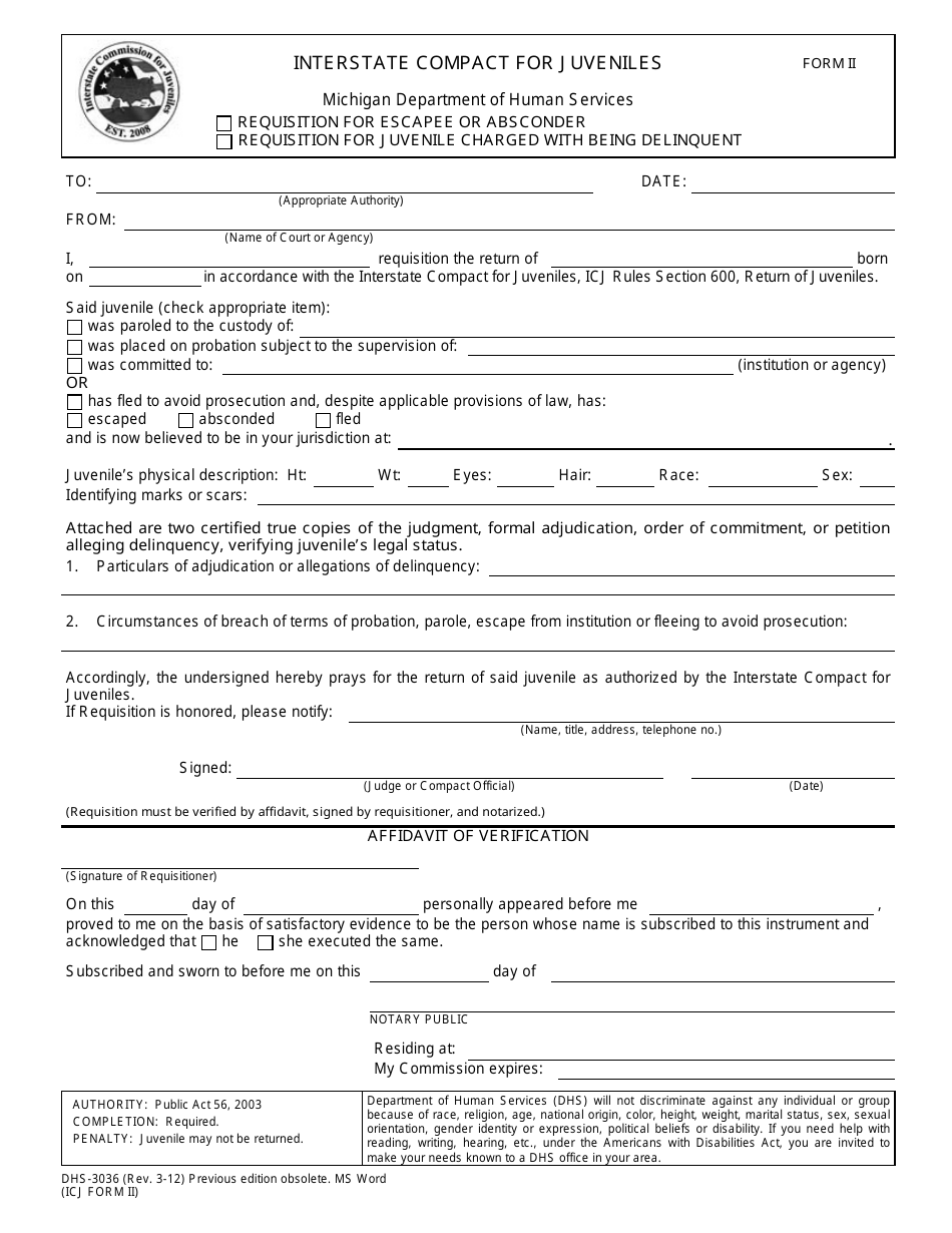 Form DHS-3036 (ICJ Form II) Interstate Compact on Juveniles Requisition for Escapee/Absconder/Juvenile Charged Delinquent (Rendition Amendment) - Michigan, Page 1