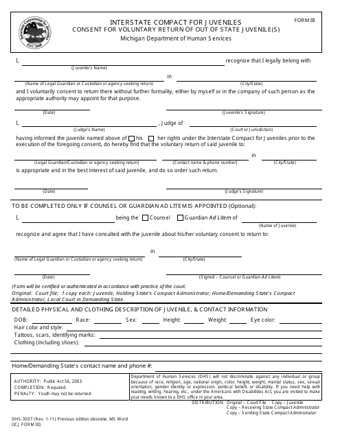 Form DHS-3037 (ICJ Form III)  Printable Pdf