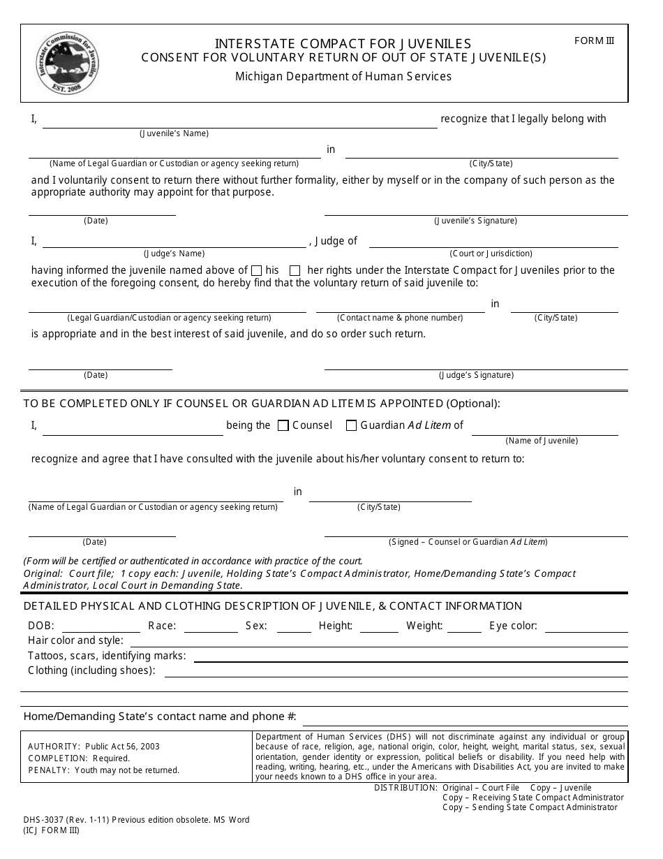 Form DHS-3037 (ICJ Form III) Interstate Compact for Juveniles Consent for Voluntary Return of out of State Juvenile(S) - Michigan, Page 1