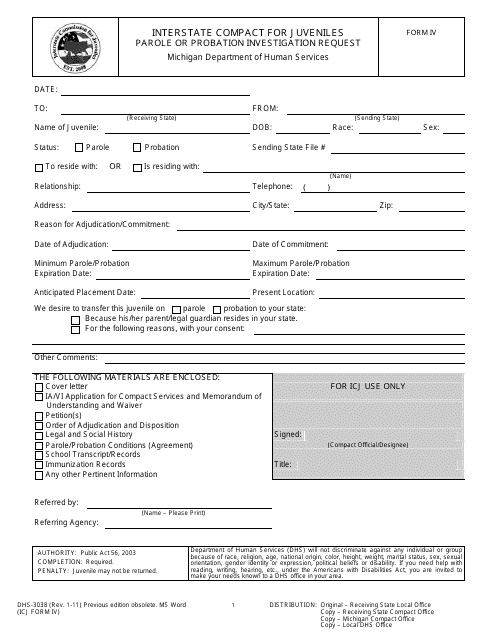 Form DHS-3038 (ICJ Form IV)  Printable Pdf