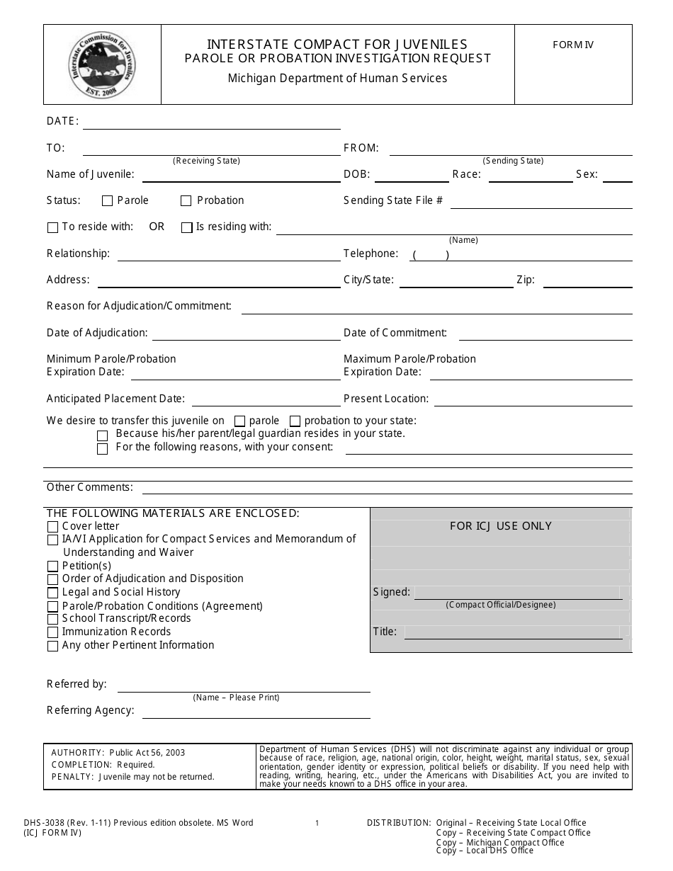 Form DHS-3038 (ICJ Form IV) Interstate Compact for Juveniles Parole or Probation Investigation Request - Michigan, Page 1