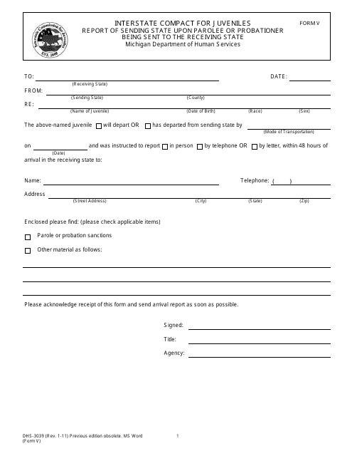 Form DHS-3039 (ICJ Form V) Printable Pdf